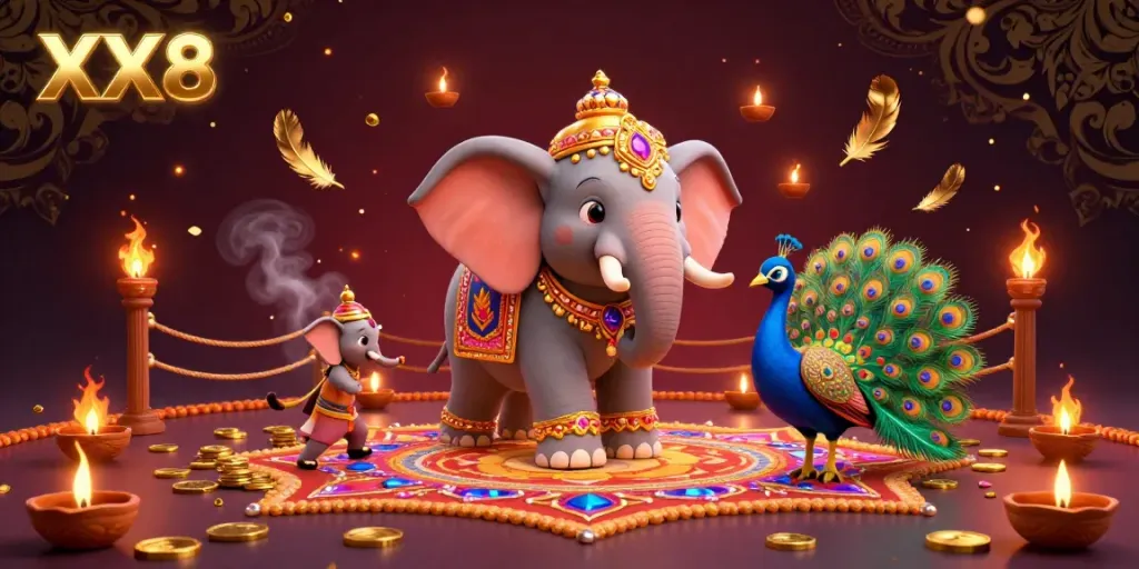 Experience the vibrant allure of XX8 with a dynamic 3D scene featuring a game-themed Diwali-themed elephant, showcasing high-stakes excitement.