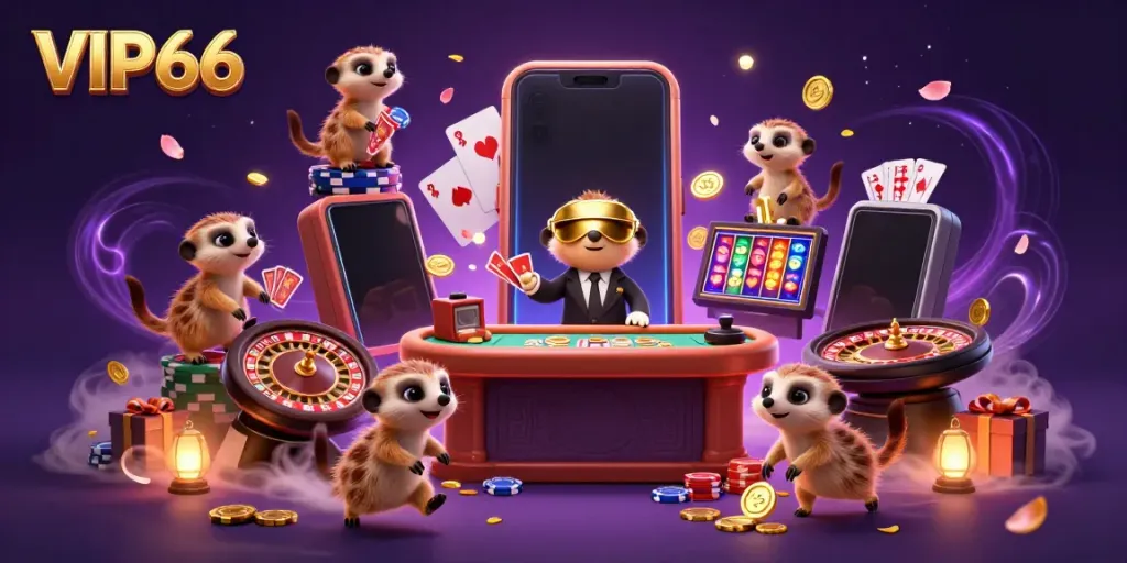 Engage with VIP66 in a vibrant casino scene showcasing meerkats managing casino activities.