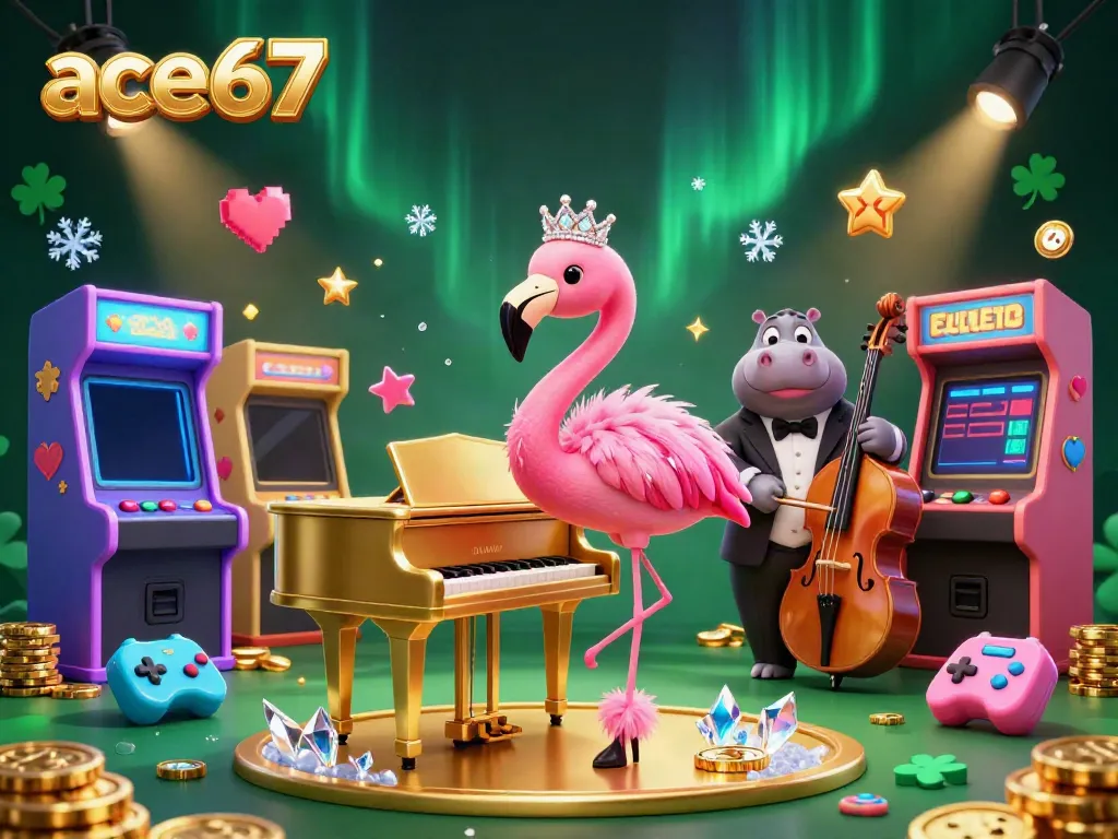 Experience vibrant casino action with ace67 featuring a flamingo singer and hippo bassist in a colorful 3D scene.