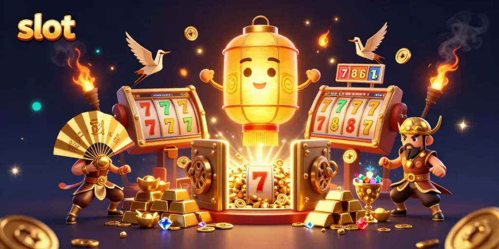 Experience the excitement of slot games with a vibrant 3D illustration featuring captivating characters and jackpot elements.