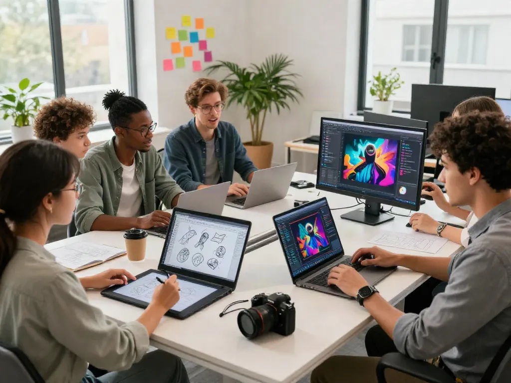 How safe is typeshutter.com depicted in a vibrant digital workspace with diverse creators collaborating on AI-generated visuals.