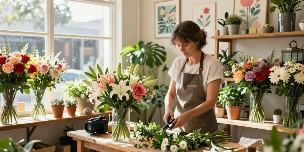 Florist Adelaide crafting a vibrant seasonal bouquet in a welcoming flower shop