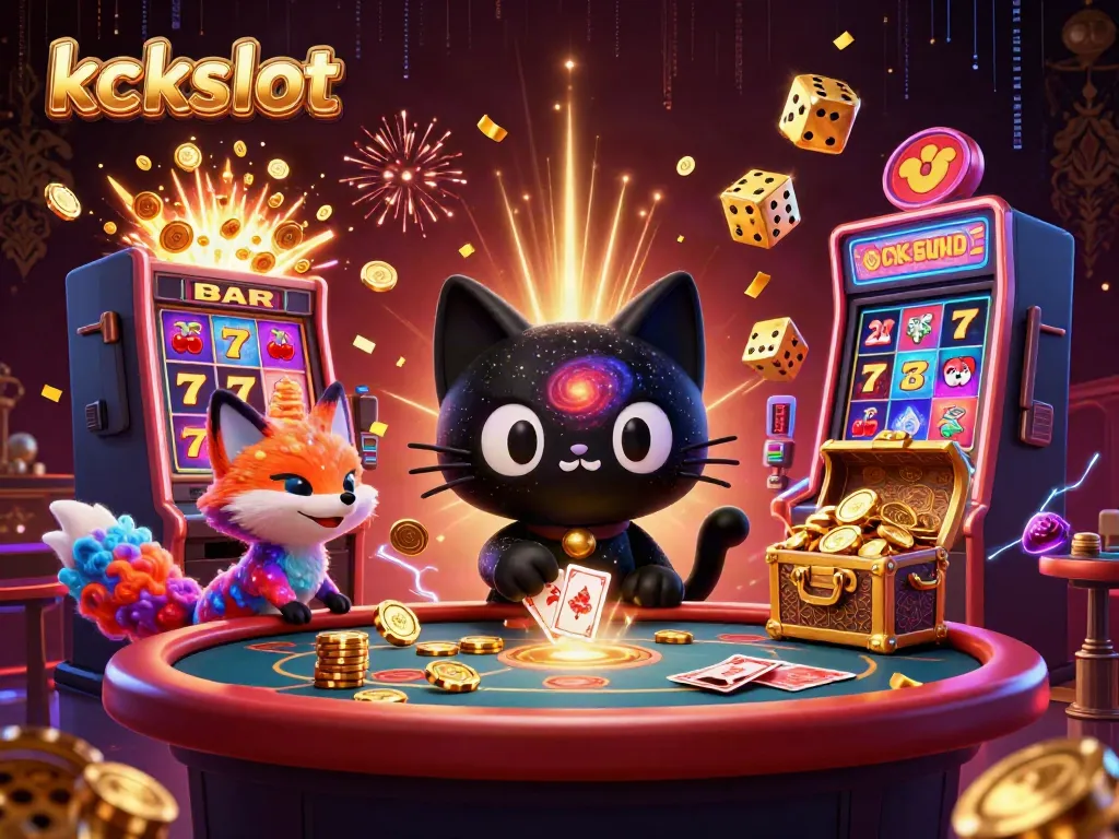 Kckslot menghadirkan kucing hitam 3D misterius di meja kasino yang menarik chip emas dan kartu dengan pesonanya.