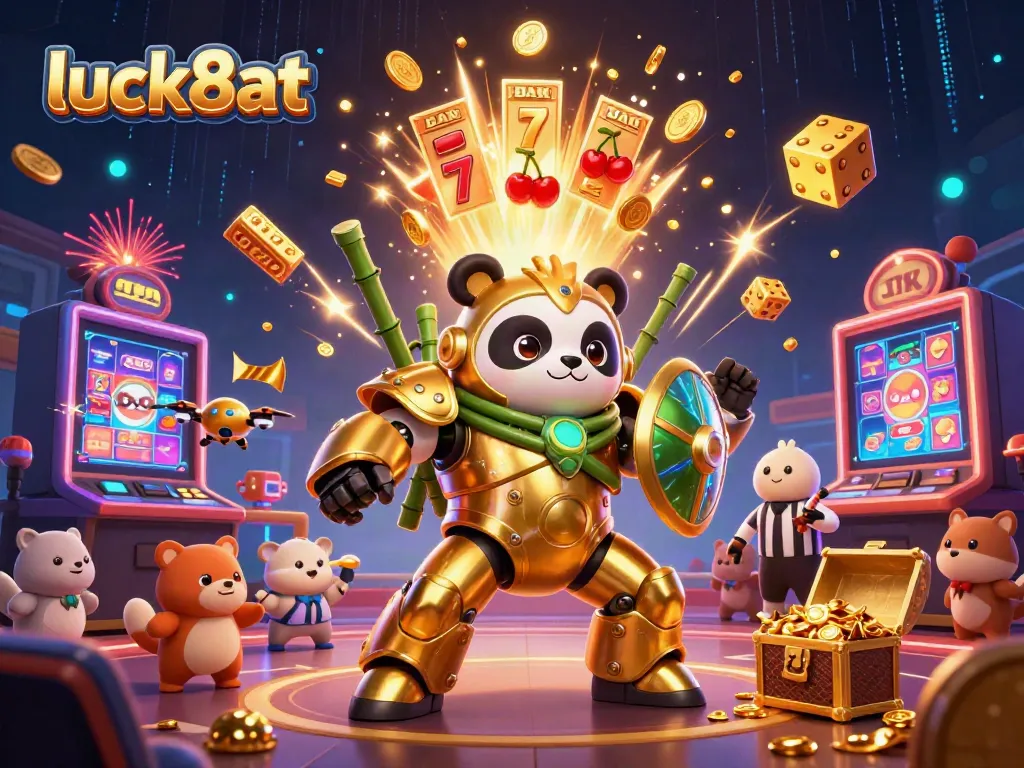 Immersive scene with a mech-suit golden panda at luck8at, amid a vibrant casino battle with exploding jackpots.