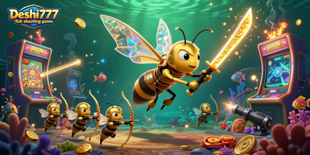 Engage in the Deshi777 fish shooting game with vibrant scenes, showcasing a golden hornet and underwater elements.