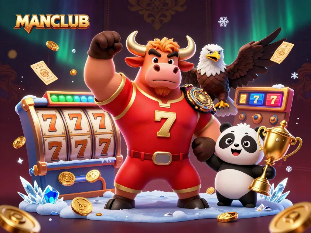 Engage with the thrilling MANCLUB gaming scene featuring dynamic slot reels and vibrant characters.