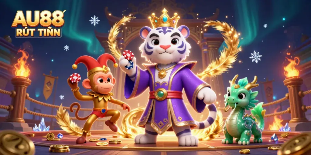 Experience the thrill of AU88 RÚT TIỀN with a lively scene featuring a white tiger, jester monkey, and jade dragon in an energetic casino atmosphere.